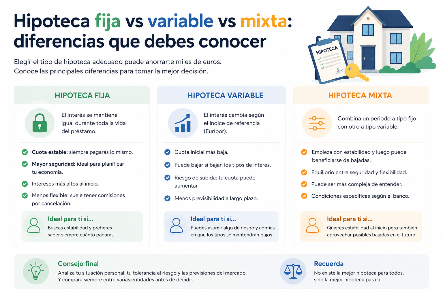 Hipoteca fija vs variable vs mixta: diferencias que debes conocer